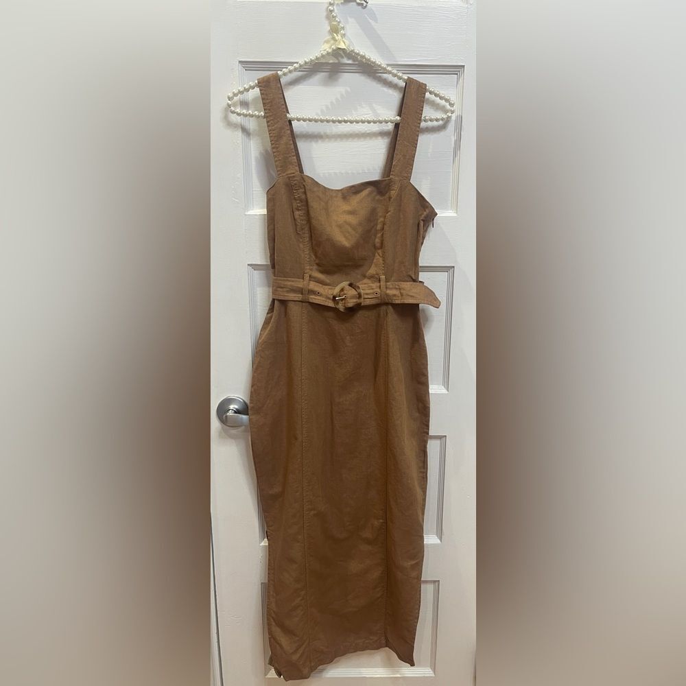 Zara brown linen-blend midi dress with matching belt and Slit Size XS